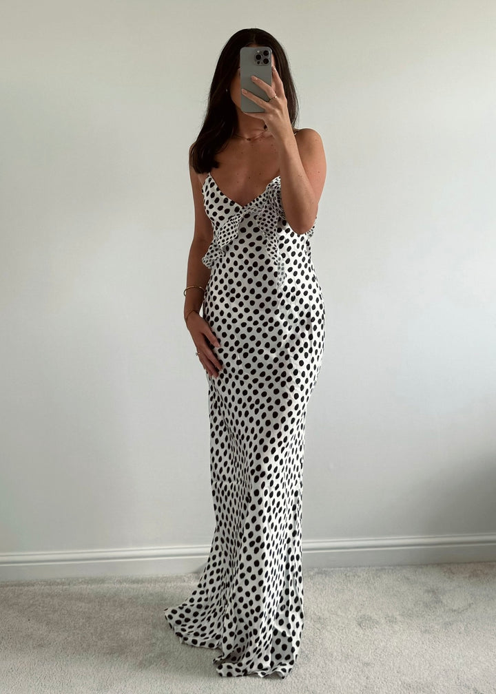 "Talia" Black & White Polka Dot Satin Maxi Dress