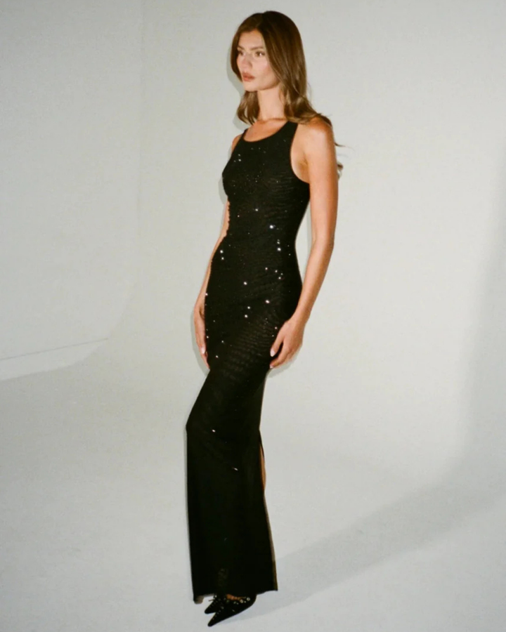 "Ode" Black Embelleshed Maxi Dress