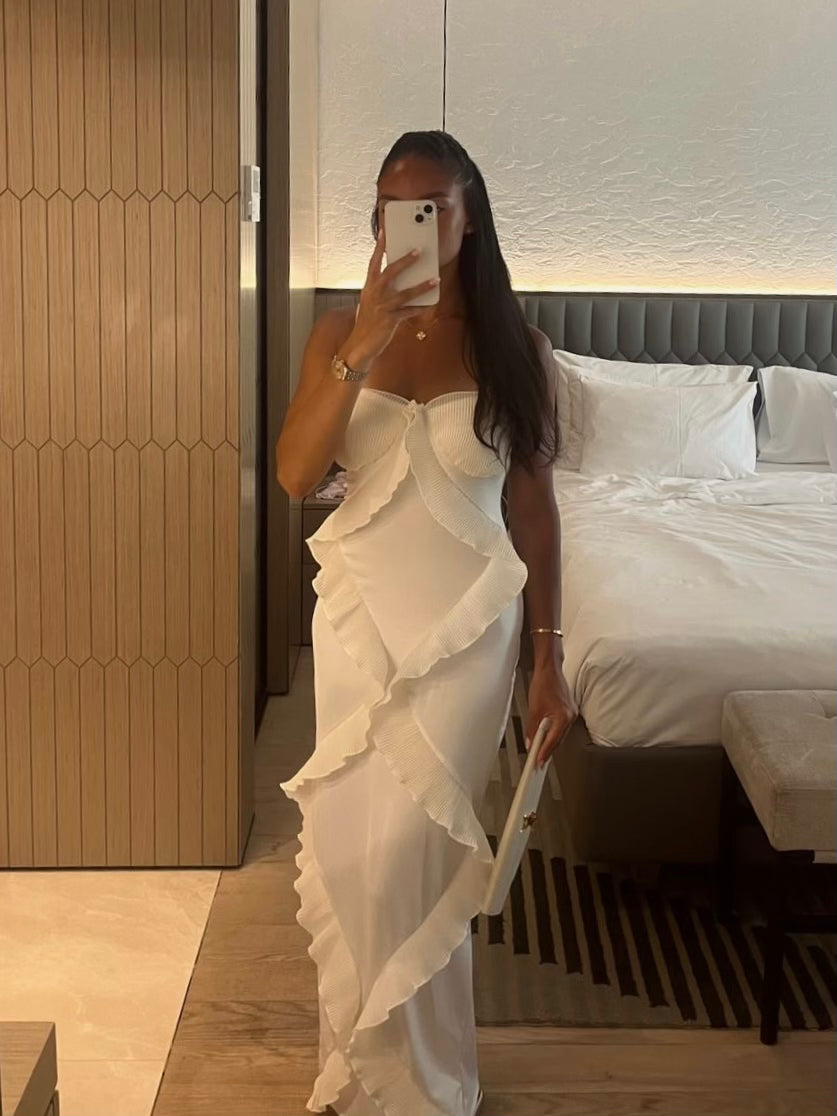 "Maya" Ivory Plissé Ruffle-Trim Maxi Dress