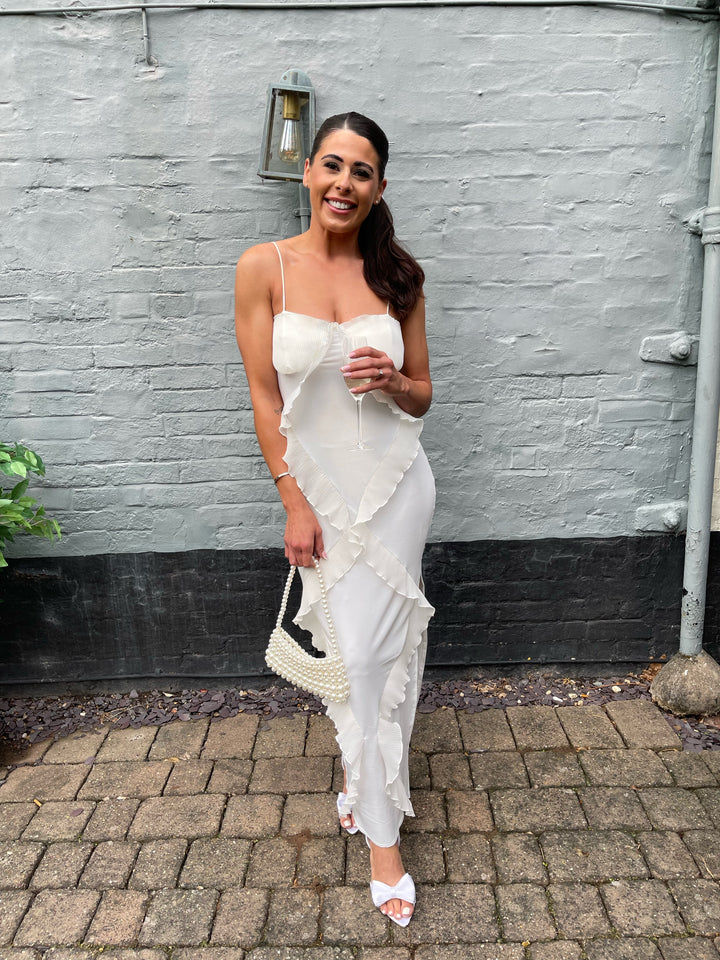 "Maya" Ivory Plissé Ruffle-Trim Maxi Dress