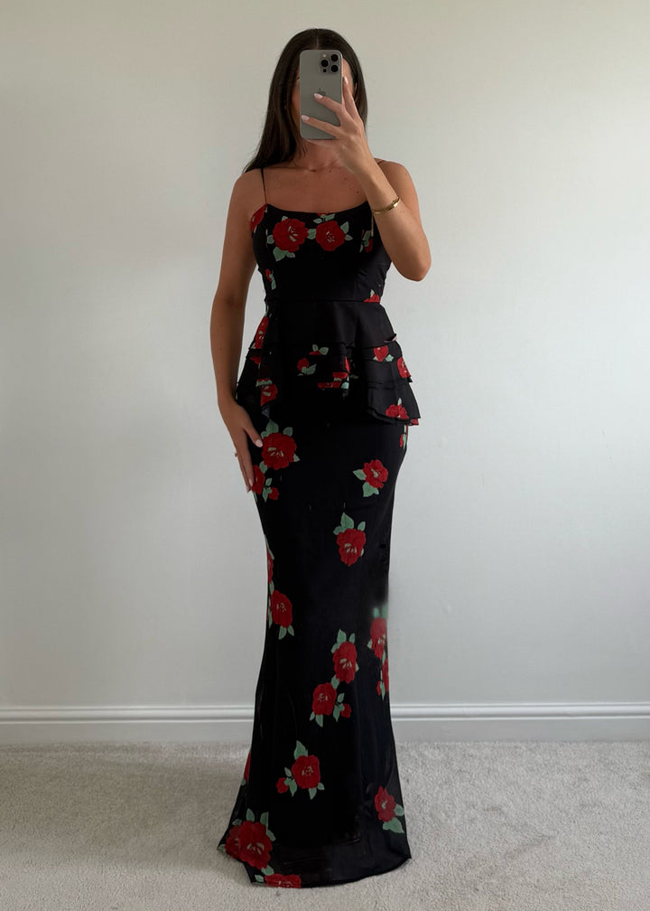 "Juliet" Black Chiffon Top & Skirt Co-ord With Red Floral Print