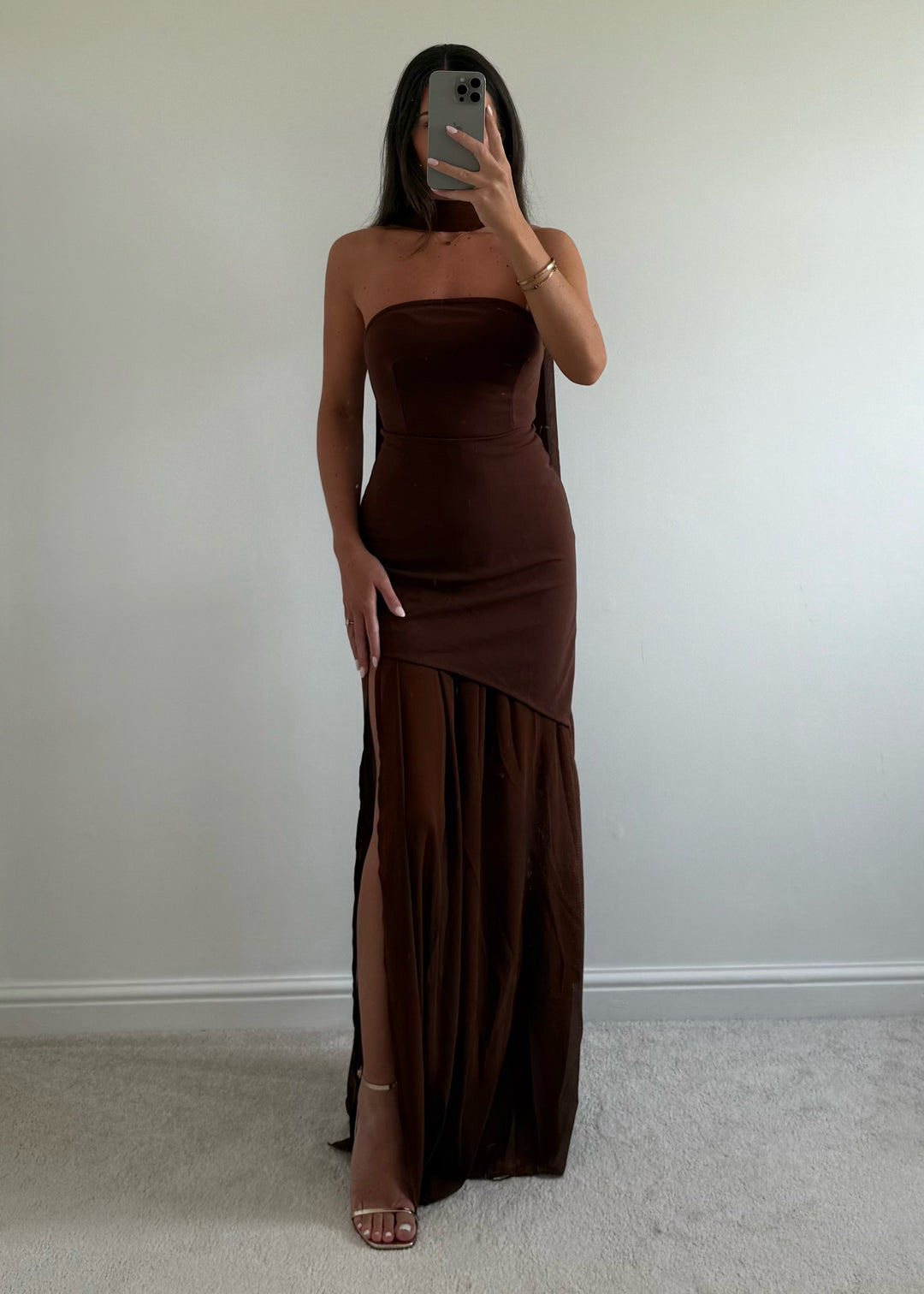 "Soulie" Brown Chiffon Hem Maxi Dress