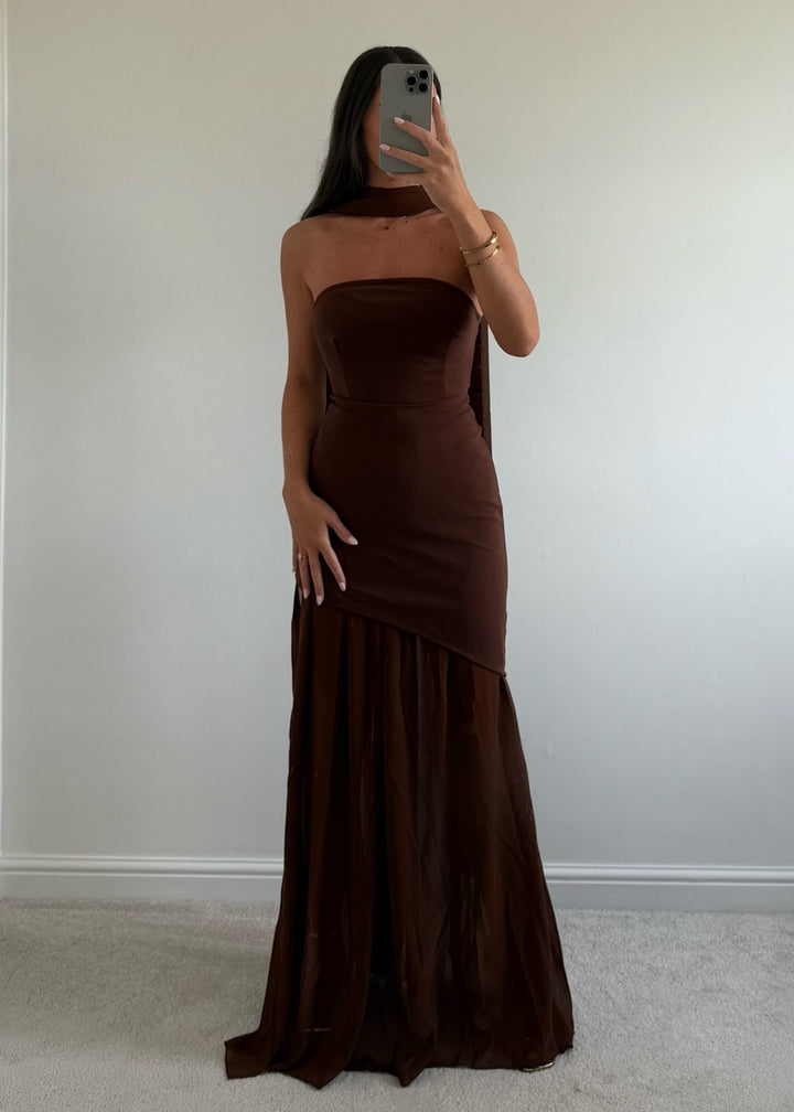 "Soulie" Brown Chiffon Hem Maxi Dress