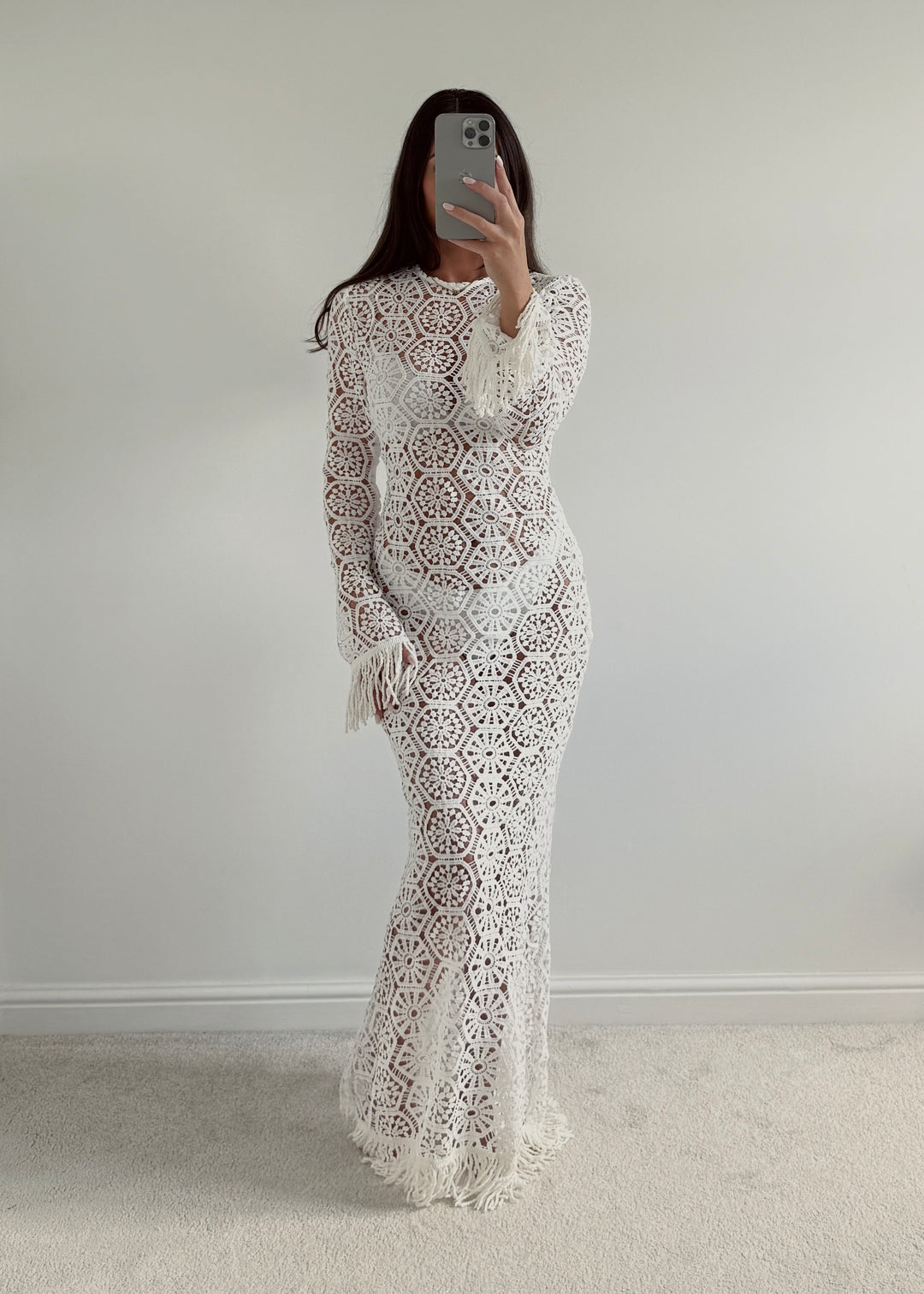 "Lilia" Crochet Lace Maxi dress with Fringe Details