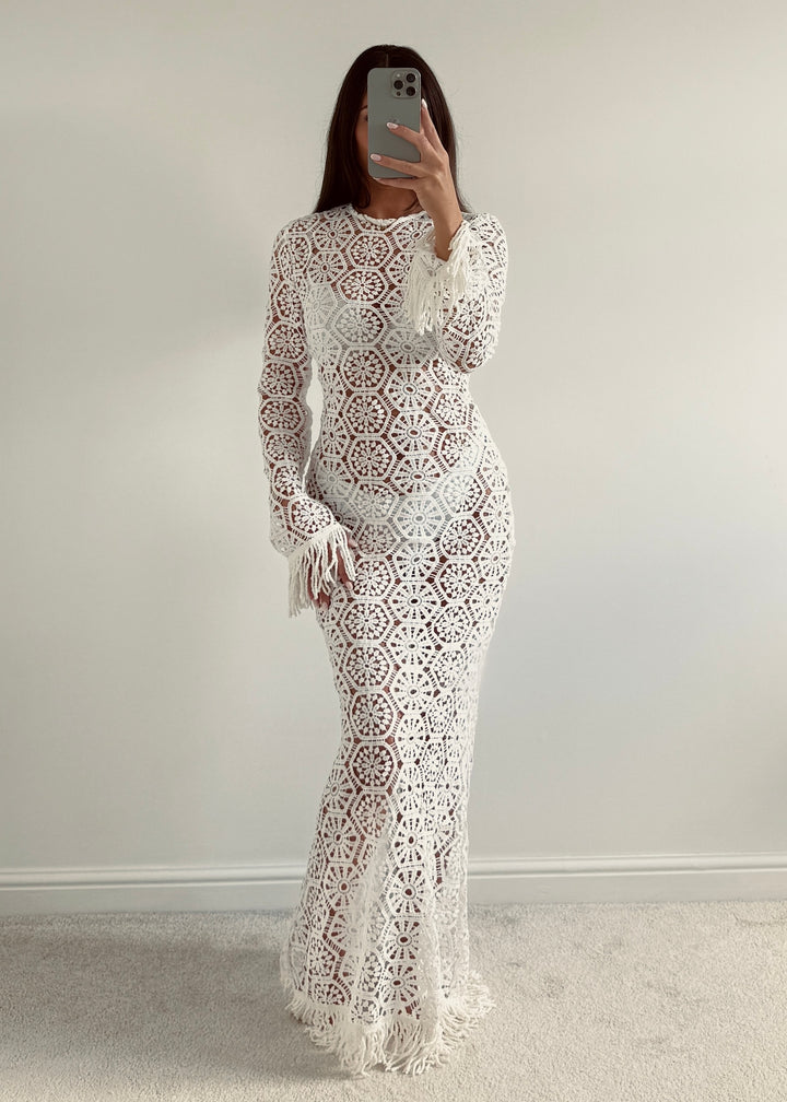 "Lilia" Crochet Lace Maxi dress with Fringe Details