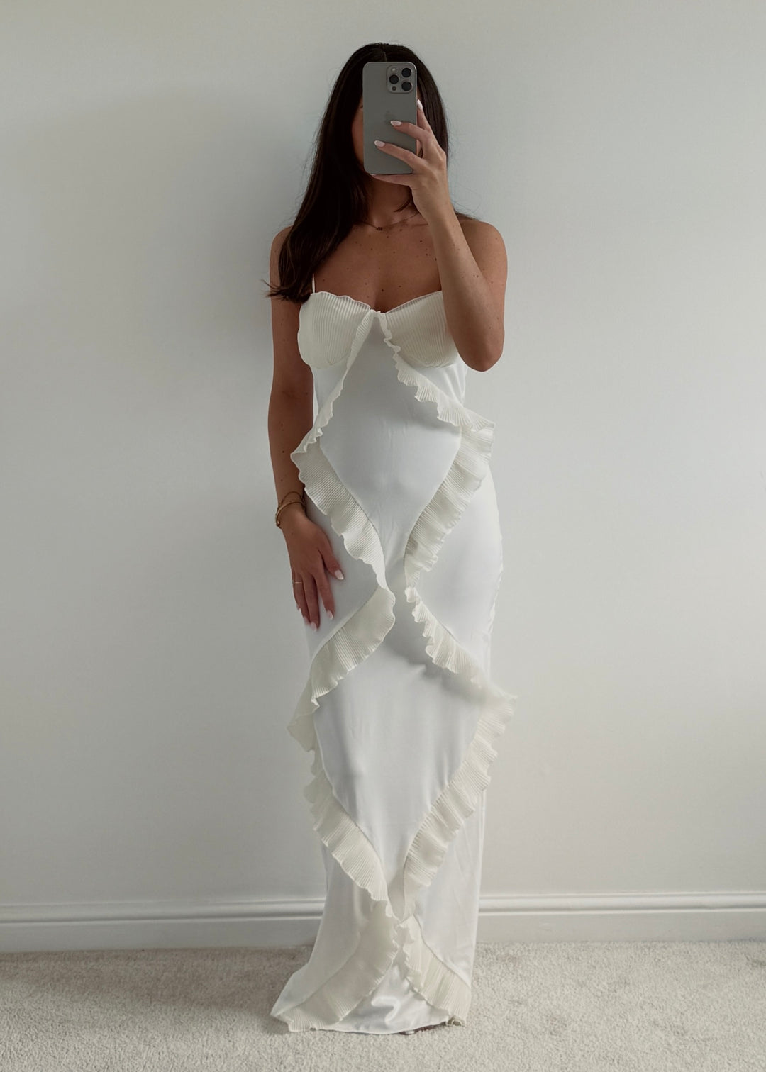 "Maya" Ivory Plissé Ruffle-Trim Maxi Dress