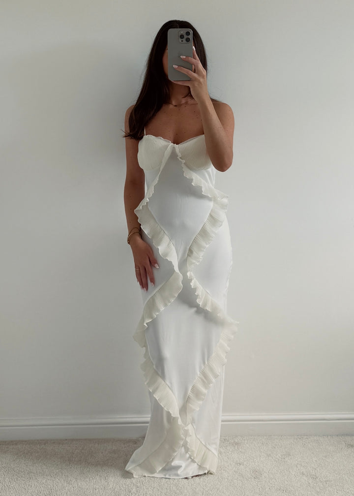 "Maya" Ivory Plissé Ruffle-Trim Maxi Dress
