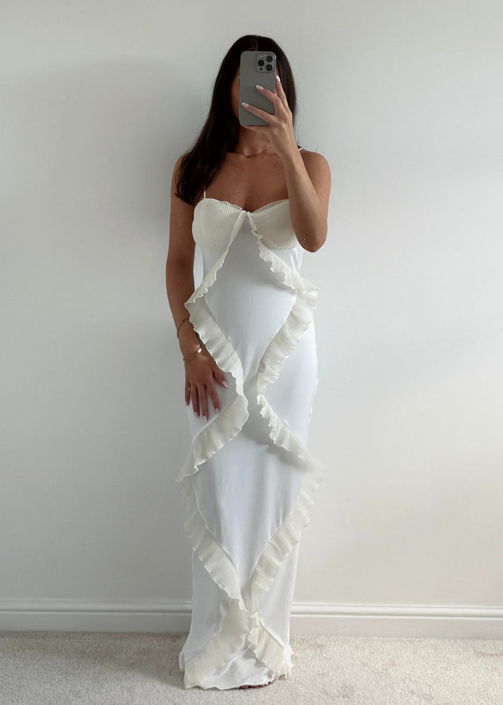 "Maya" Ivory Plissé Ruffle-Trim Maxi Dress