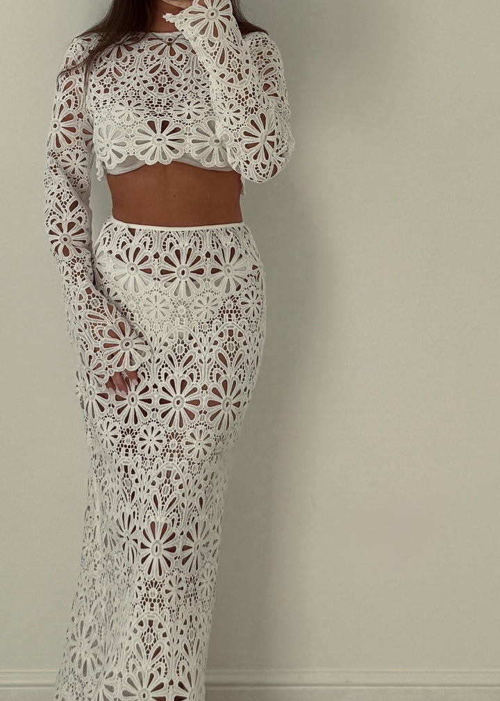 “Palma” White Floral Maxi Skirt / Top Set