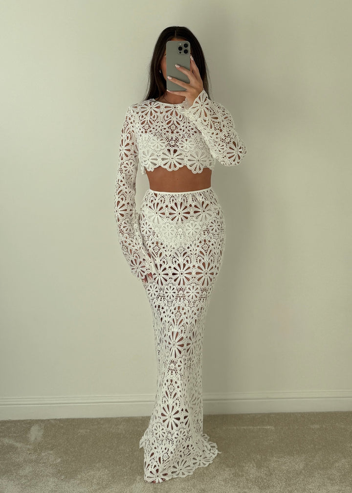 “Palma” White Floral Maxi Skirt / Top Set
