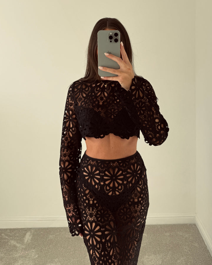 "Palma" Black Floral Maxi Skirt / Top Set