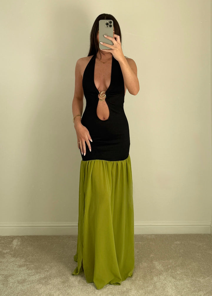 "Yasmin" Black Dress with Green Chiffon Drop Waist