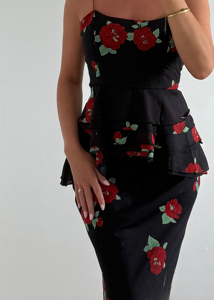 "Juliet" Black Chiffon Top & Skirt Co-ord With Red Floral Print