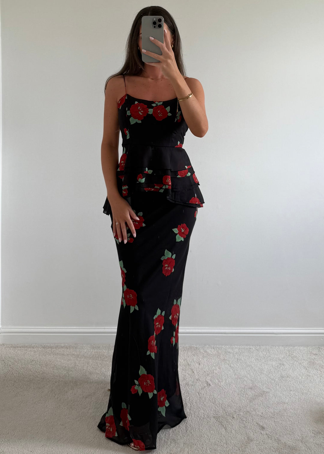 "Juliet" Black Chiffon Top & Skirt Co-ord With Red Floral Print