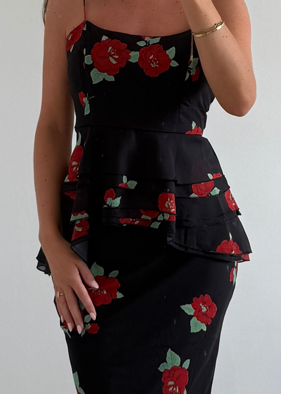 "Juliet" Black Chiffon Top & Skirt Co-ord With Red Floral Print