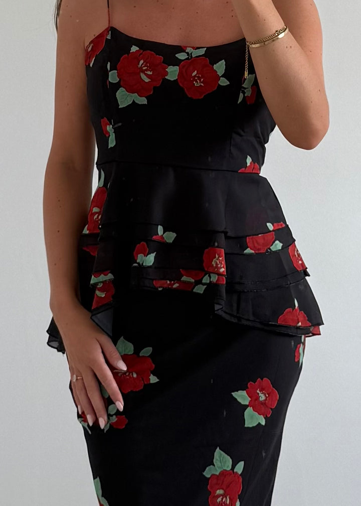 "Juliet" Black Chiffon Top & Skirt Co-ord With Red Floral Print