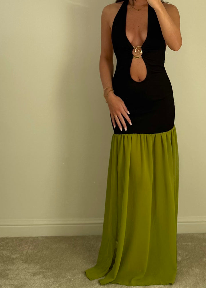 "Yasmin" Black Dress with Green Chiffon Drop Waist
