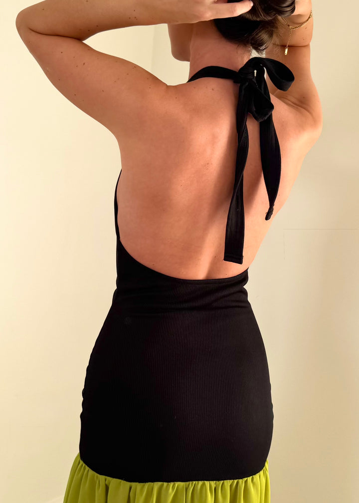 "Yasmin" Black Dress with Green Chiffon Drop Waist