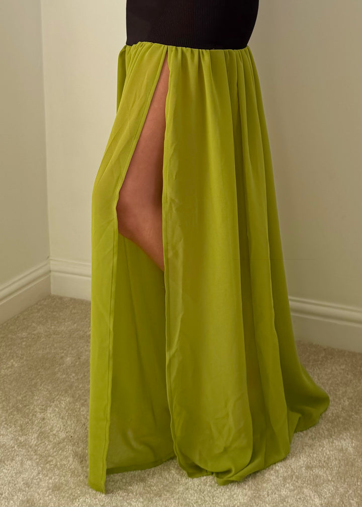 "Yasmin" Black Dress with Green Chiffon Drop Waist