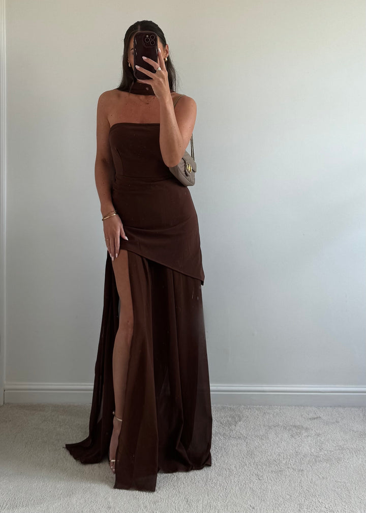 "Soulie" Brown Chiffon Hem Maxi Dress