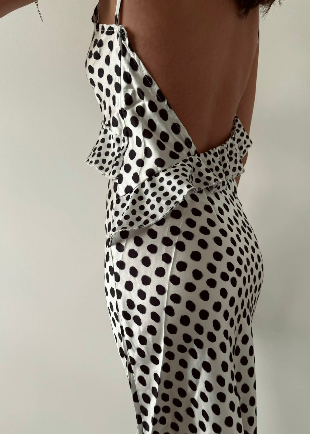 "Talia" Black & White Polka Dot Satin Maxi Dress