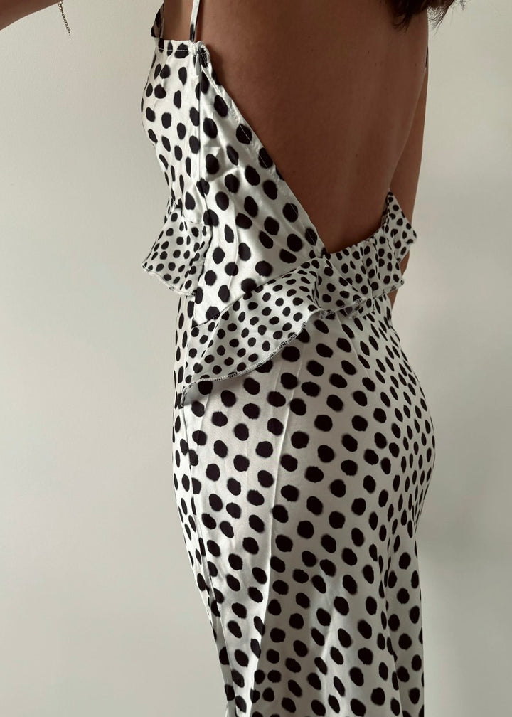 "Talia" Black & White Polka Dot Satin Maxi Dress